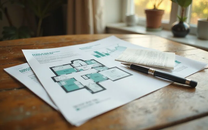Floor plan printout and a holding deposit receipt on an oak table
