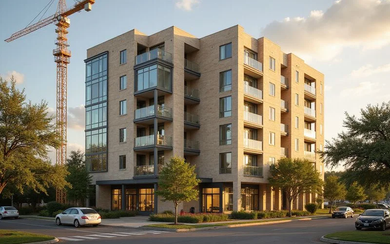 Nearly finished apartment building with a tower crane