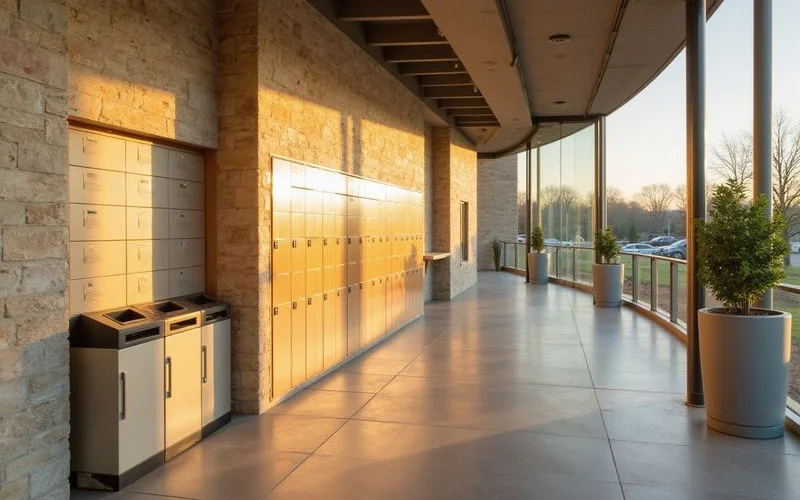 Package lockers and valet trash bins in a new apartment corridor
