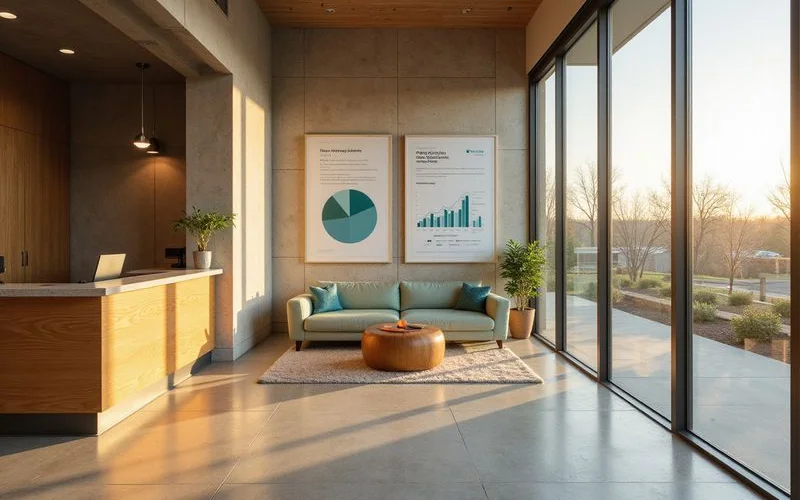 Quiet leasing office of a new Austin apartment building on a winter afternoon