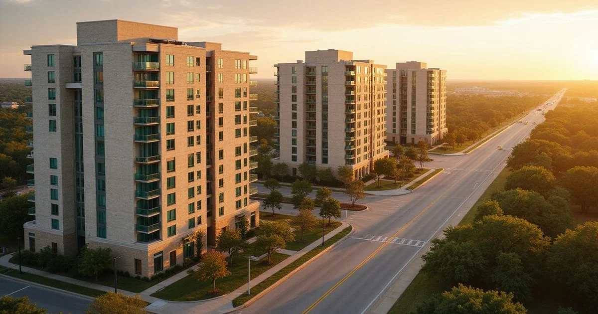 Aerial view of new apartment buildings along a Central Texas highway corridor