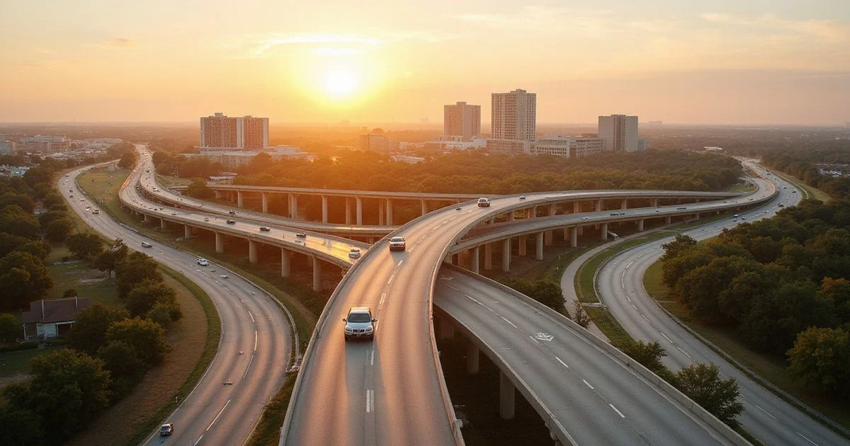 Austin highway interchange at golden hour with new apartment buildings in the distance