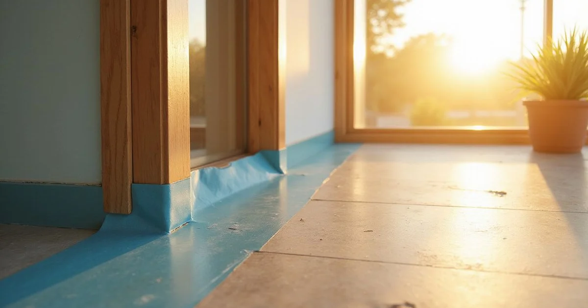 Blue painter's tape marking a finish touch-up on a new wall