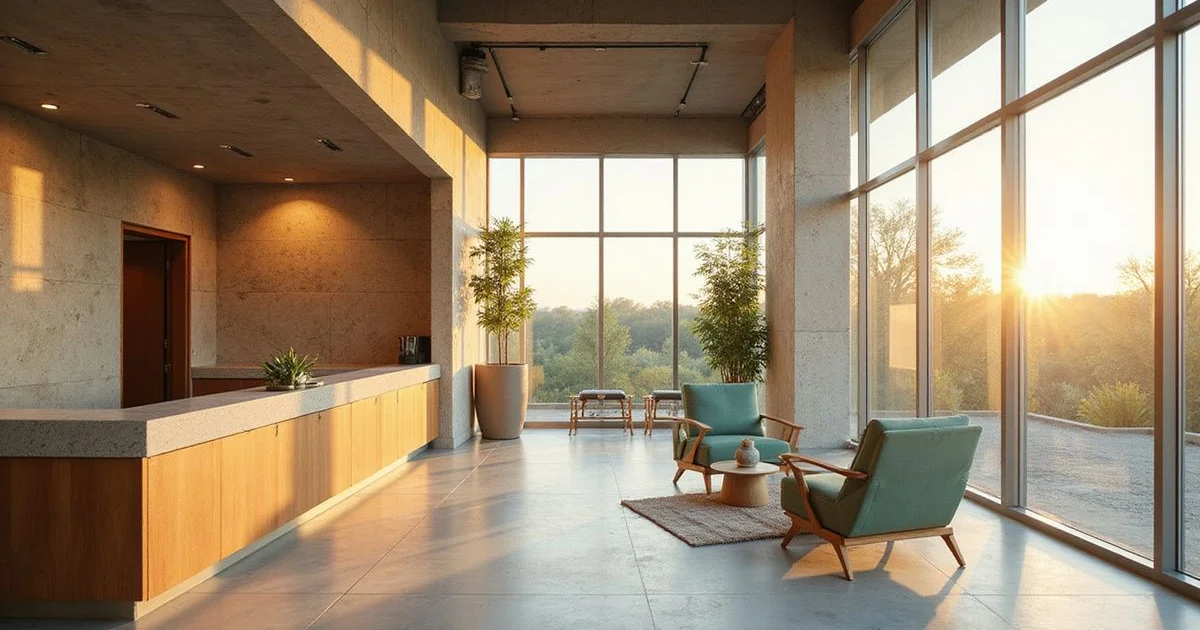 Bright leasing lounge in a new Austin apartment building with a limestone wall and oak desk