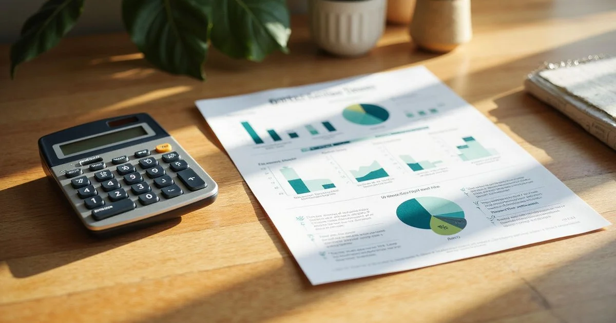 Calculator and a printed apartment special flyer on a sunlit oak desk