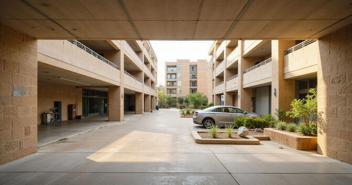 Clean parking garage level of a new Austin apartment building