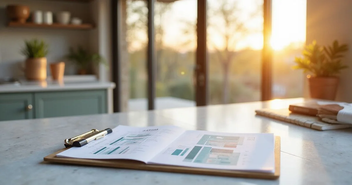 Clipboard checklist on a new quartz kitchen counter with floor-to-ceiling windows