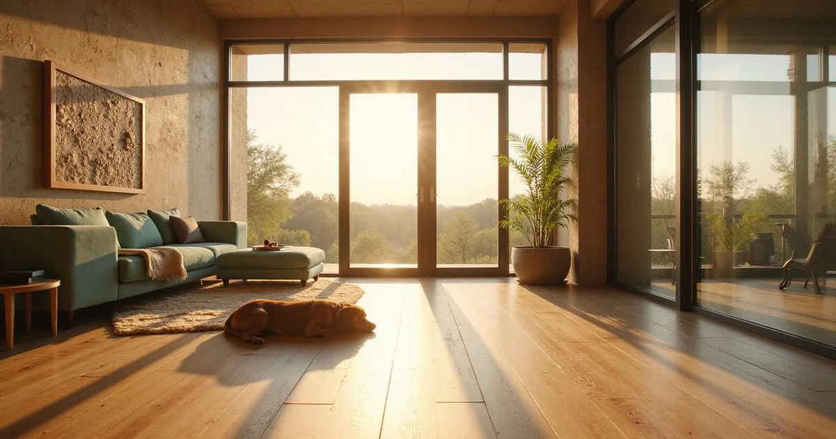 Dog resting on a new oak floor near floor-to-ceiling windows