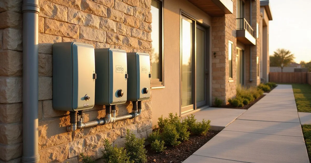 Electric meter bank on the limestone wall of a new Central Texas apartment building