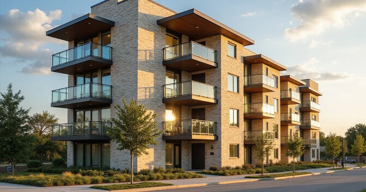 Exterior of a new mid-rise apartment building in Austin with a limestone base