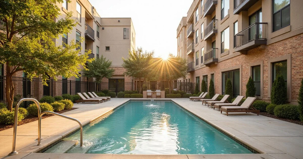 Finished courtyard pool beside a second building phase under construction