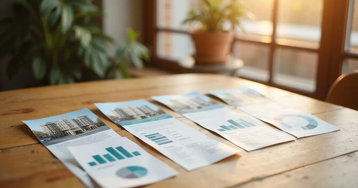 Four printed apartment comparison cards on an oak table