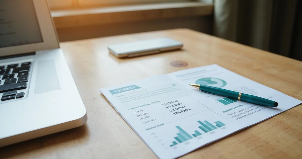 Itemized apartment fee sheet on a desk beside a laptop showing a rent listing