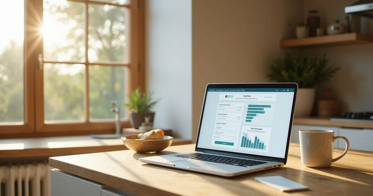 Laptop with an apartment application open on an oak kitchen island