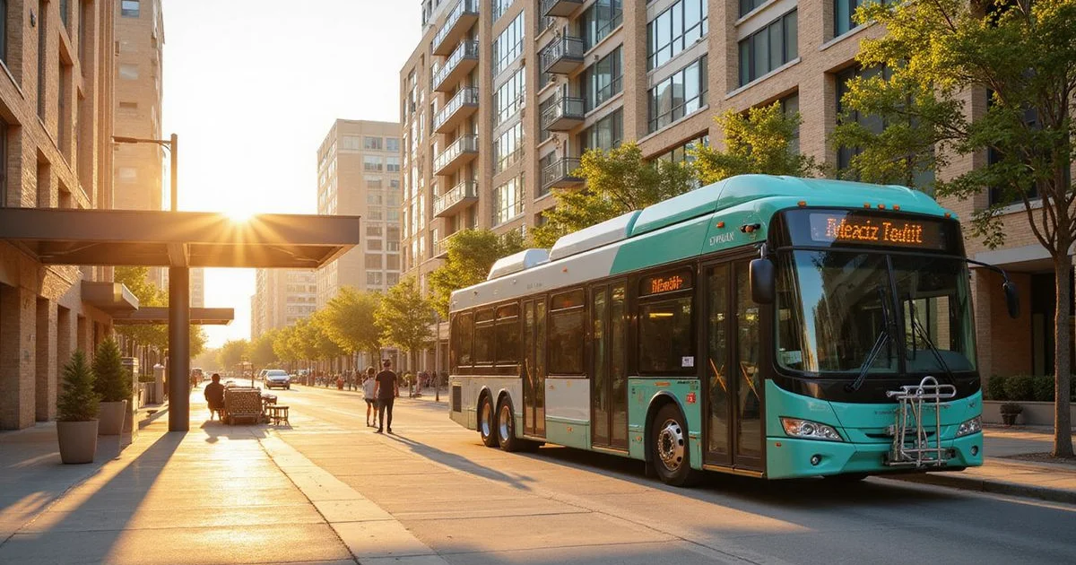 MetroRapid bus at a modern Austin transit stop near new apartments