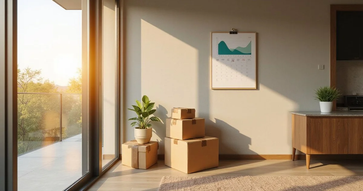 Moving boxes stacked by a window with a calendar on the wall