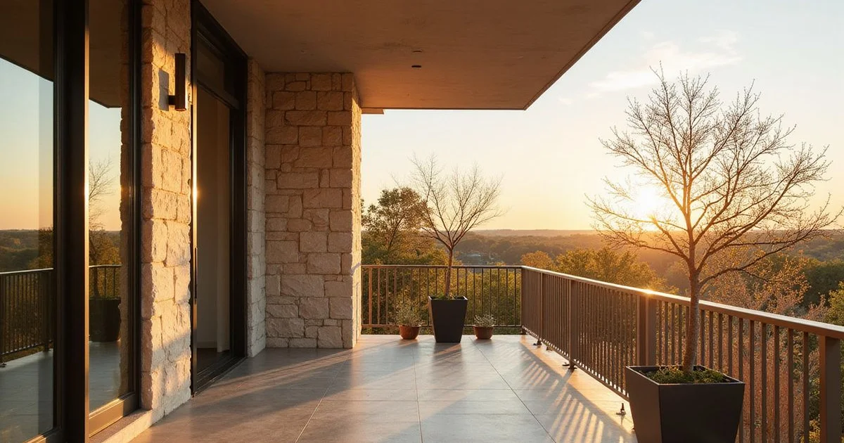 New Austin apartment balcony in low winter golden light