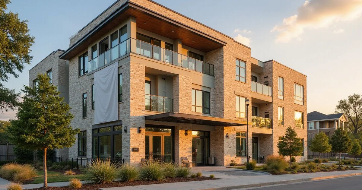 Newly opened apartment building with a leasing banner in Austin