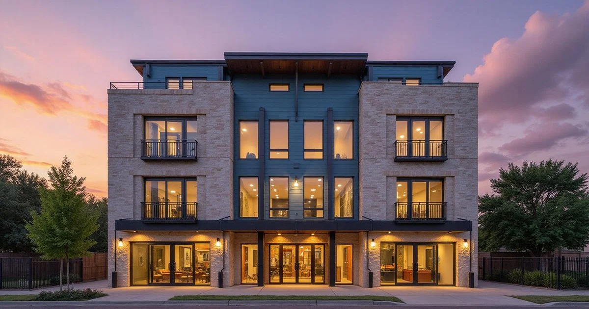 Partly occupied new apartment facade at dusk with some windows lit