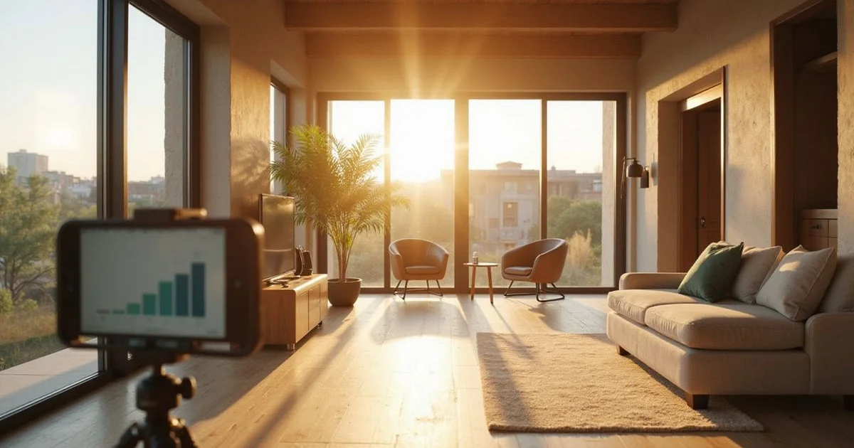 Phone on a tripod filming a walkthrough of a sunlit new apartment living room