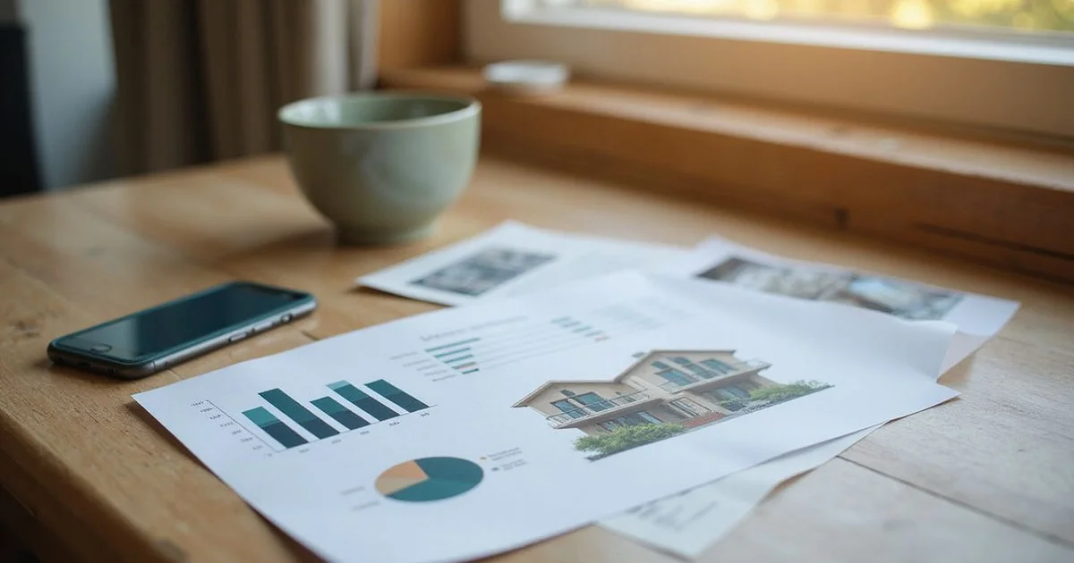 Phone showing an apartment listing beside a printed rendering on a desk