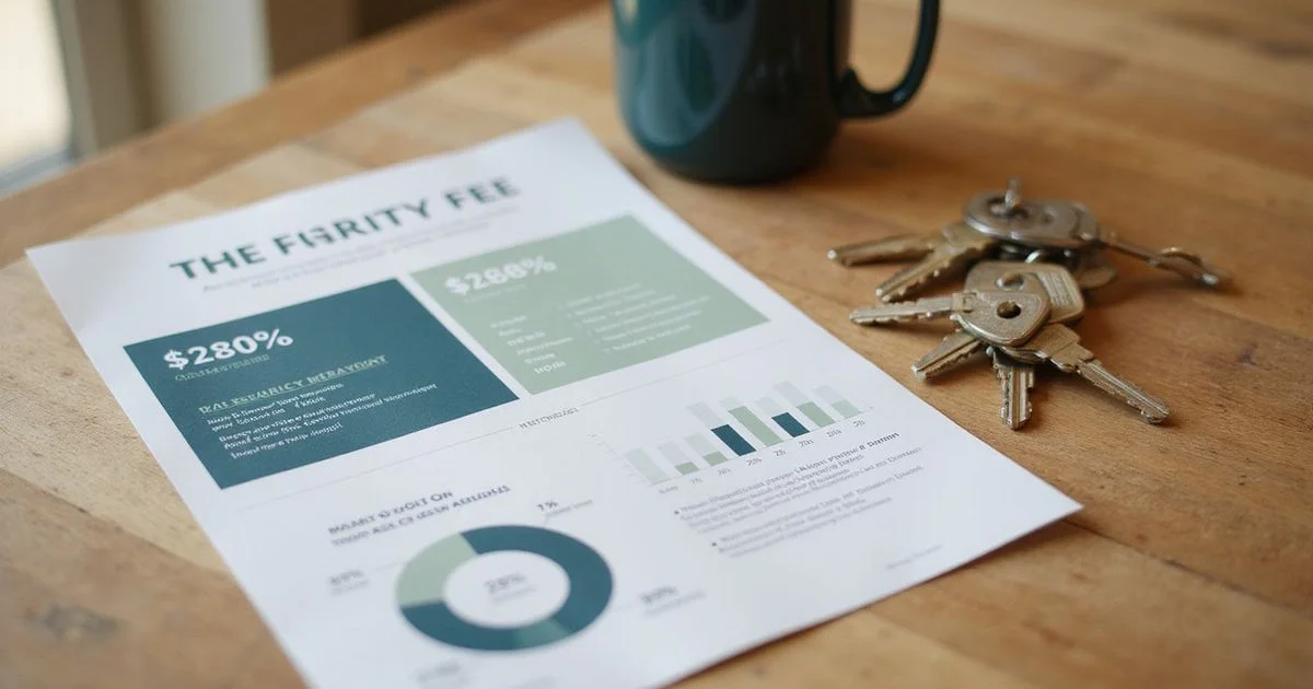 Itemized apartment fee sheet beside keys on an oak counter in a new kitchen