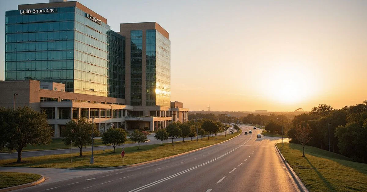 Early morning road toward a hospital campus skyline in Austin