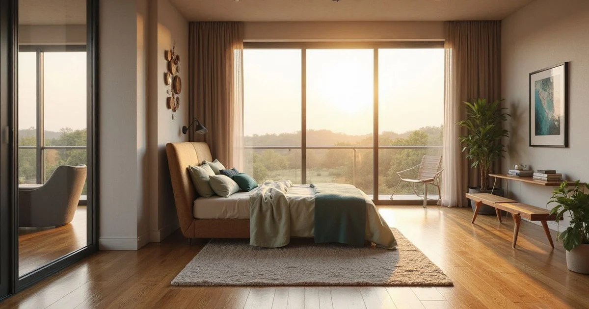 Quiet new apartment bedroom with oak floors and a large window