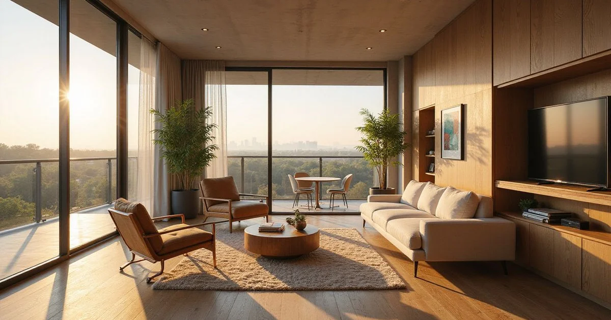 Real new apartment living room with floor-to-ceiling glass and oak floors