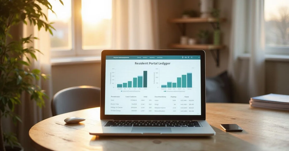 Resident portal ledger on a laptop screen in a new apartment