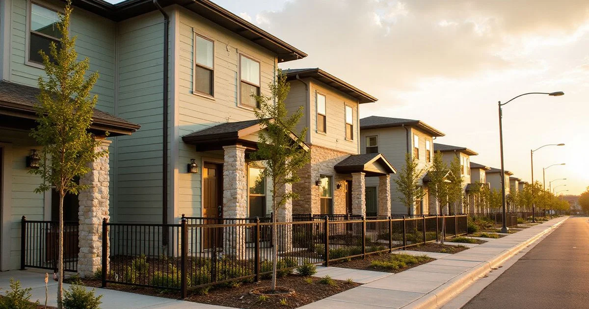Row of new build-to-rent homes with small yards in a Central Texas community
