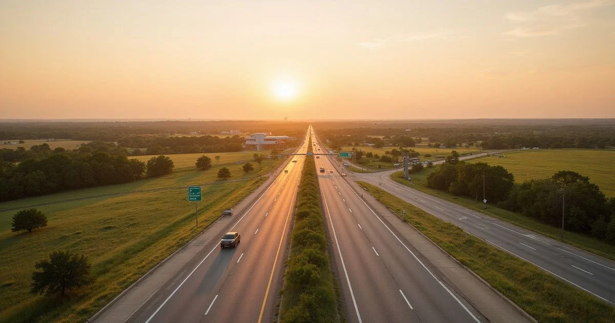 SH-130 toll road through open Central Texas landscape at golden hour