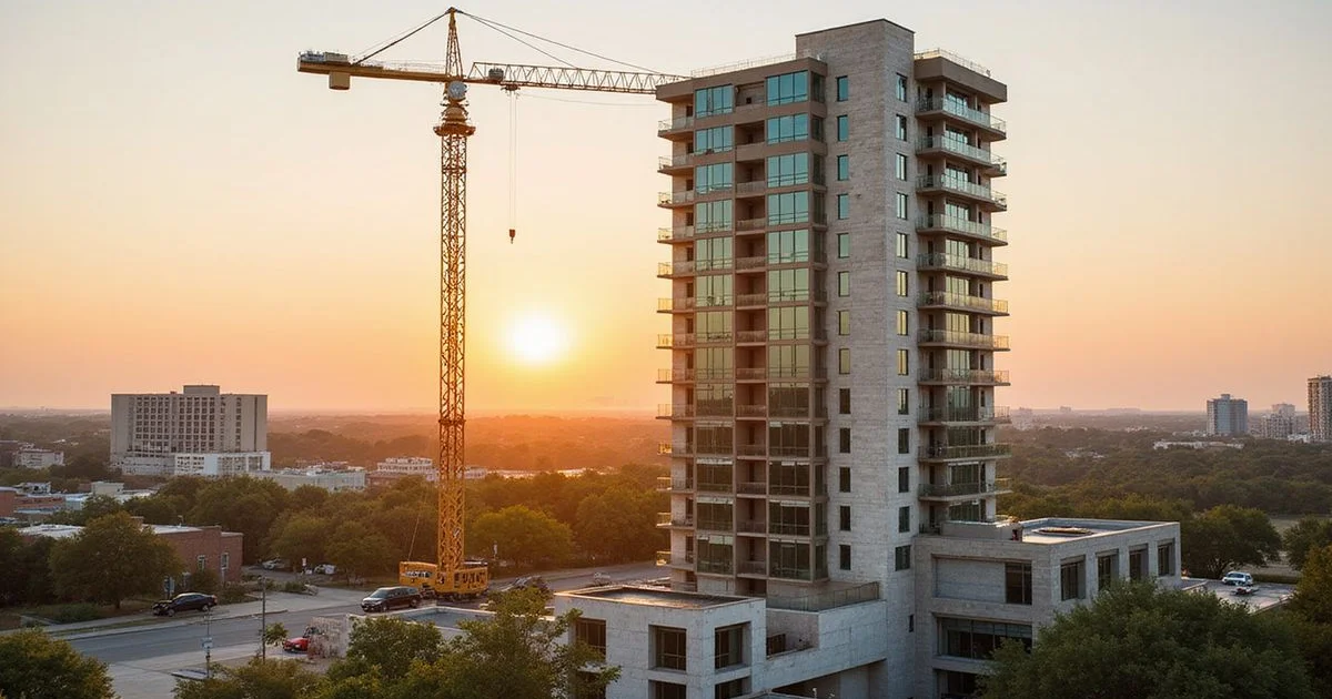 Tower crane over a nearly finished apartment building in Austin