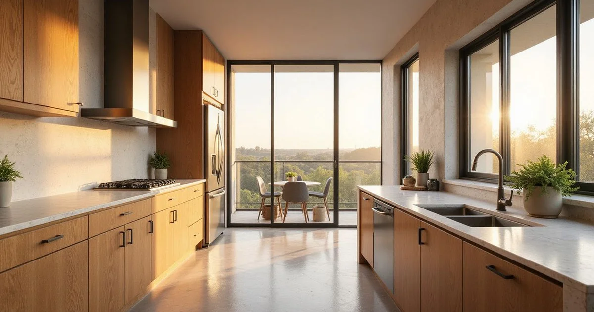 Two identical new apartment kitchens with oak cabinets and quartz counters