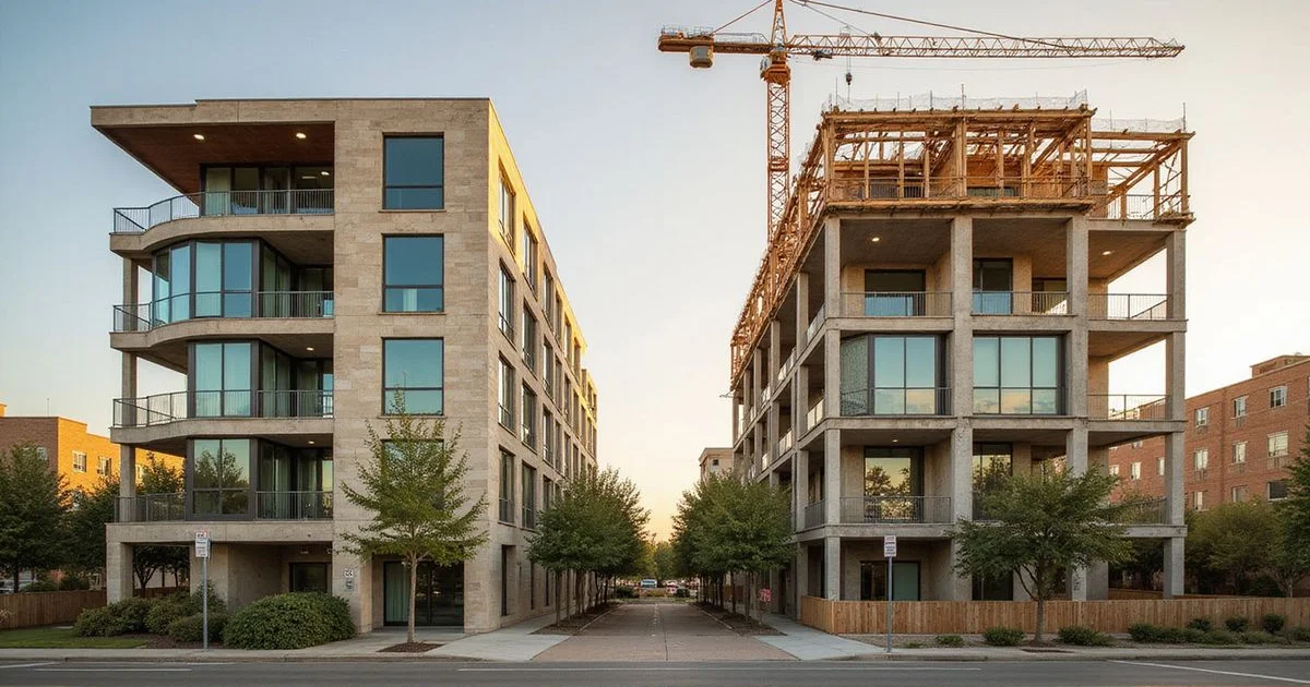 Two new Austin apartment buildings, one finished and one under construction