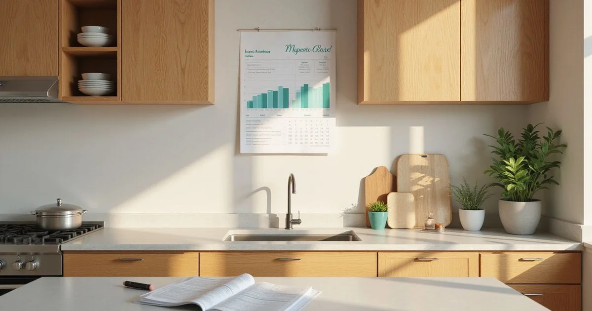 Wall calendar and lease pages in a bright new apartment kitchen
