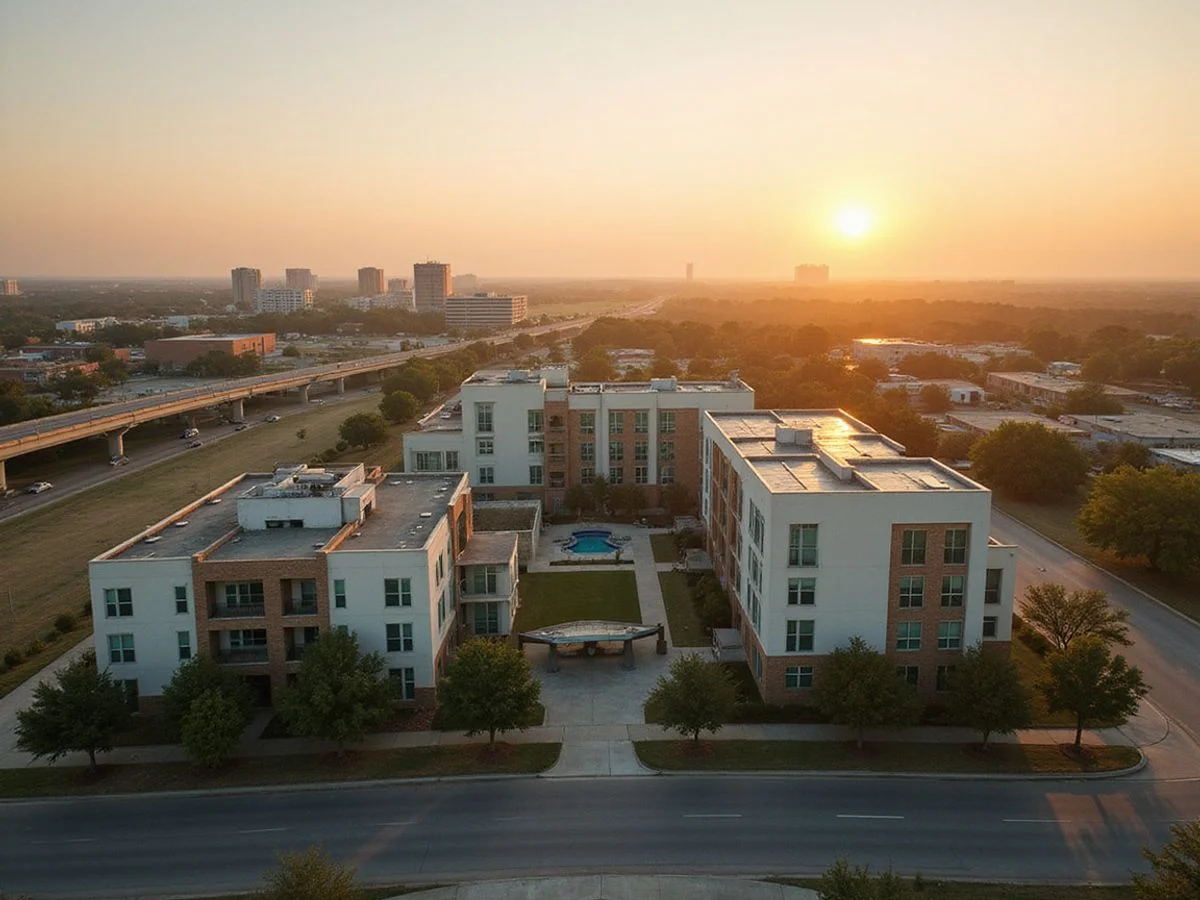 Aerial view of new apartment buildings along Central Texas highway corridors