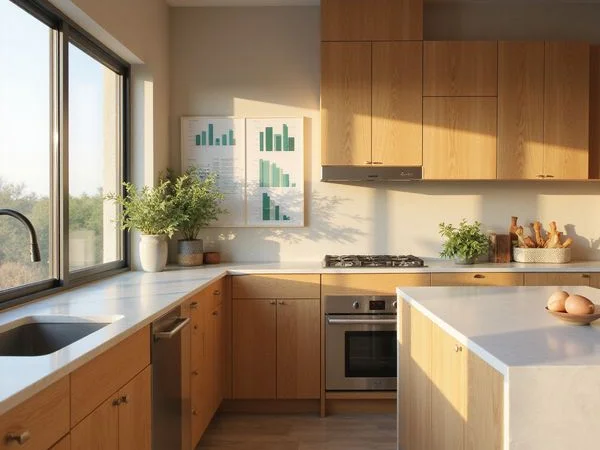 New apartment kitchen with oak cabinets and quartz counters