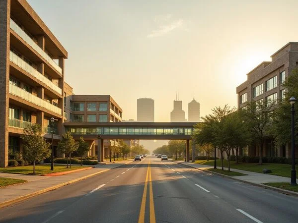 Early morning road toward a hospital campus