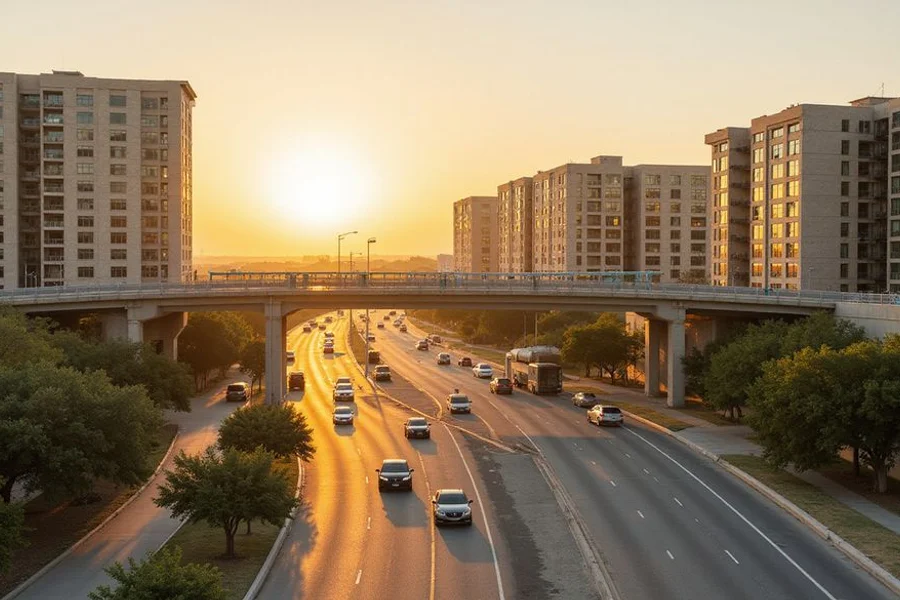 Highway corridor with new apartment buildings in the Austin metro (illustrative photo)