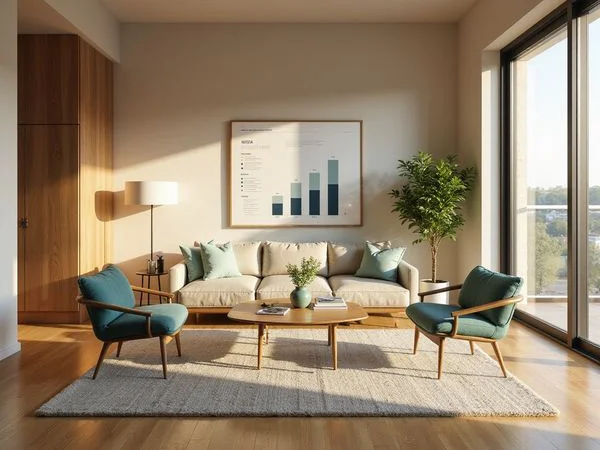 Model unit living room in a leasing center