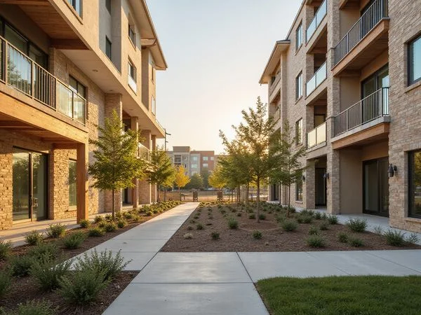 Second phase under construction behind a finished courtyard