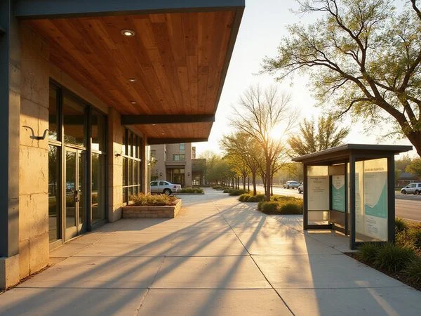 Sidewalk route from an apartment entrance to a bus stop