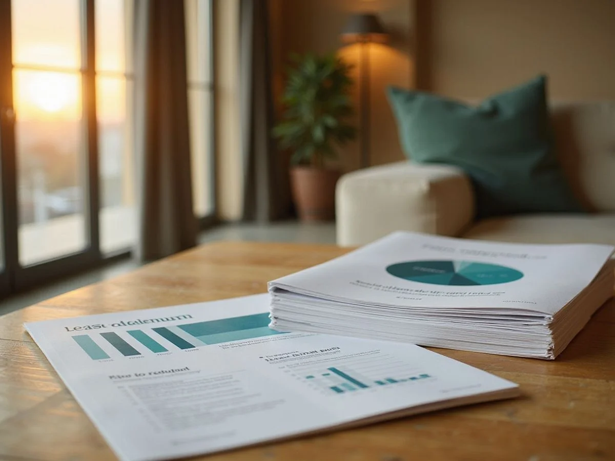 Printed apartment guides and a lease addendum on an oak table