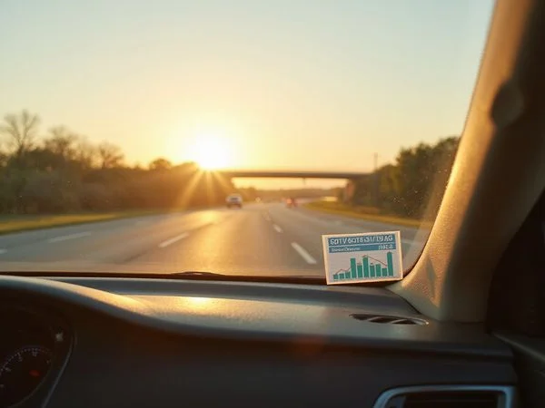 Toll tag on a windshield with a toll gantry ahead