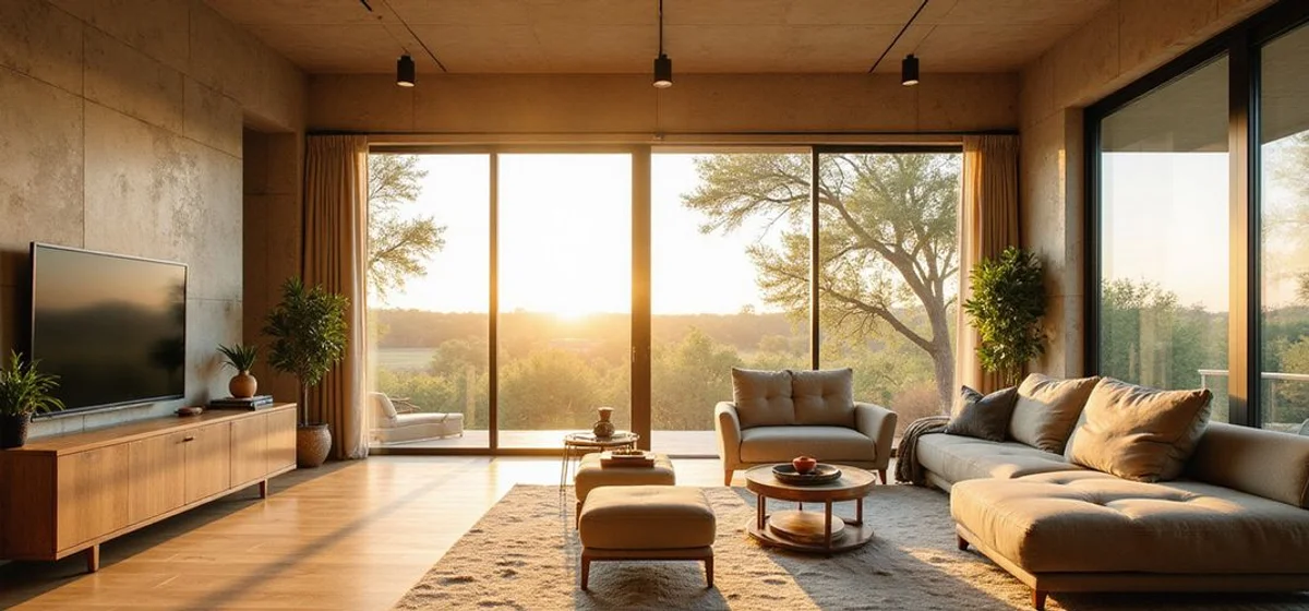 Brand-new Austin apartment living room with floor-to-ceiling glass and oak floors
